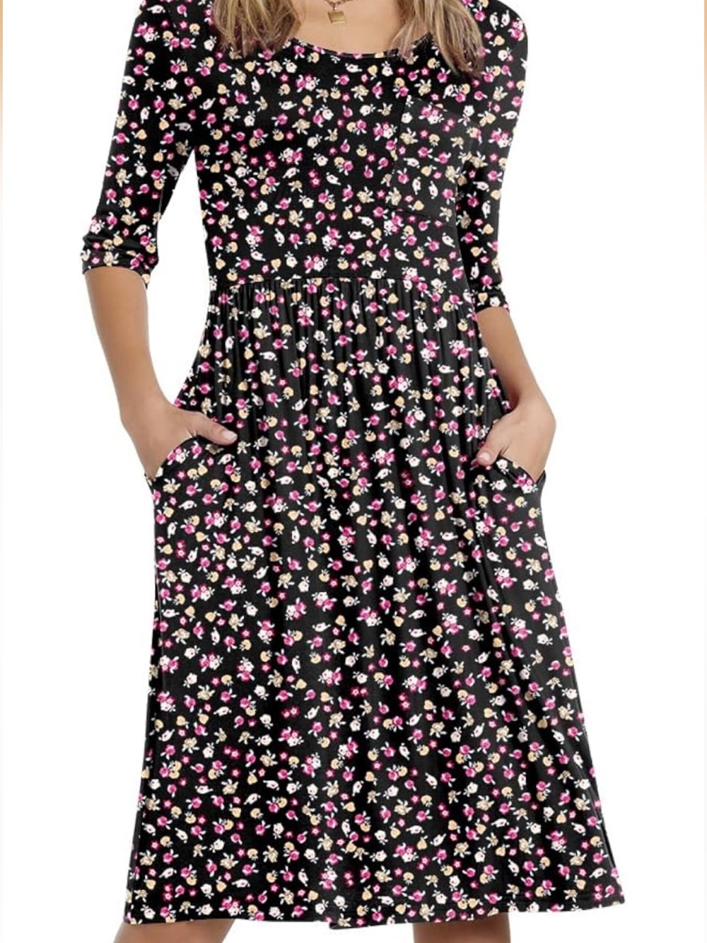 Black Floral Maxi Dress with Pink & Cream Accents